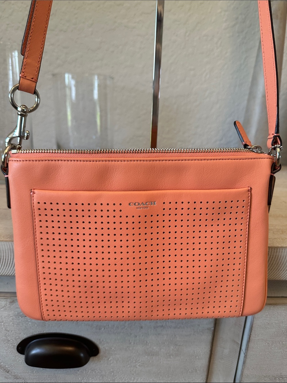 Coach Crossbody in smooth Coral Leather and silver hardware